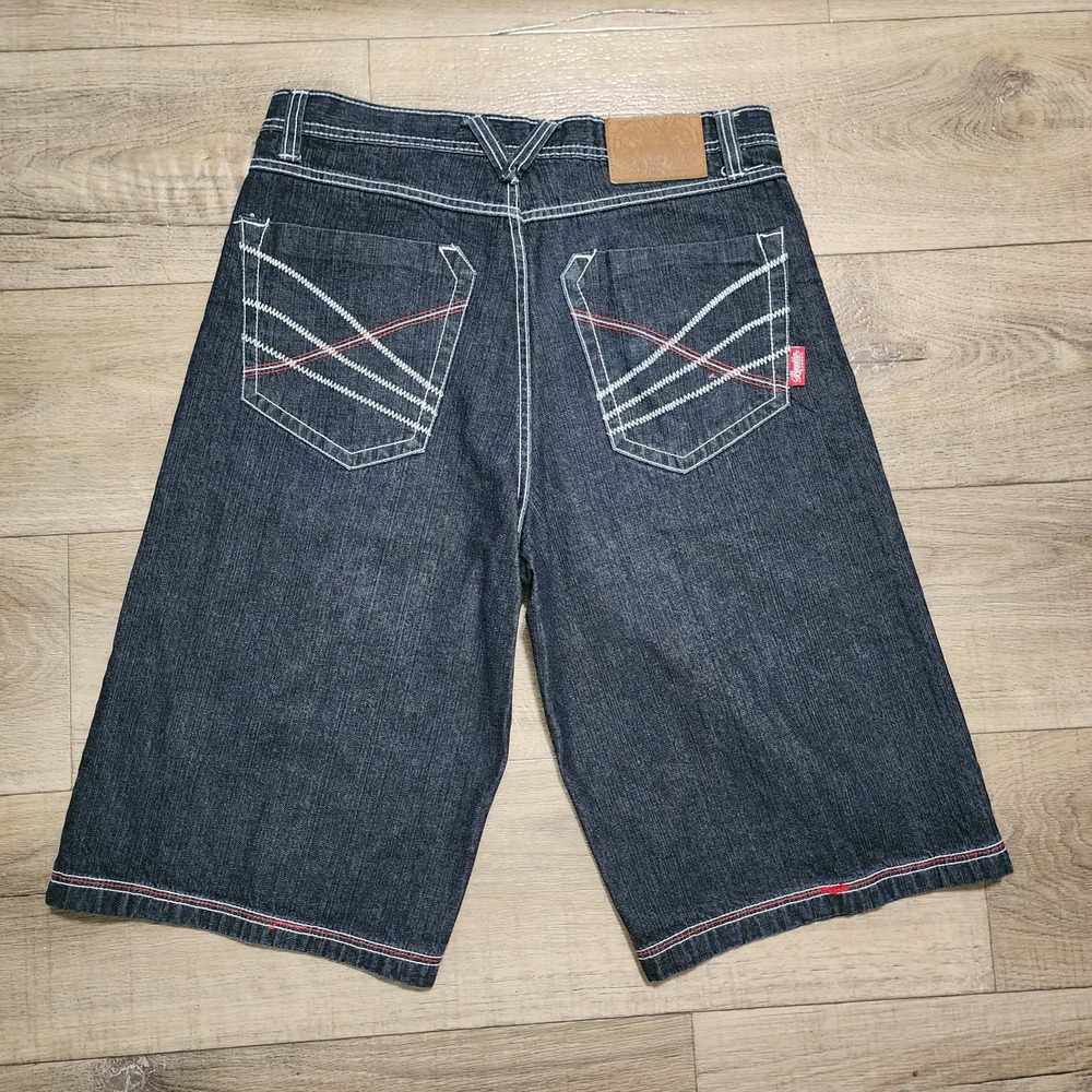 Brooklyn Xpress Mens Y2K Baggy Denim Shorts Dark Wash Contrast Stitch Size 34